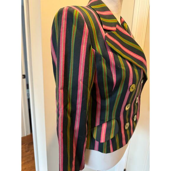 Arabella Pollen London Wool Black Pink Green Stripe Double Breasted Jacket SZ 6 - Picture 2 of 5